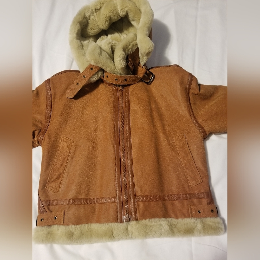 Protocol by Pan United USA Sherpa Leather Hooded Jacket Size L Color Light Brown